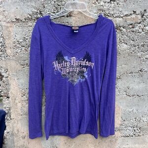 Harley Davidson Women's Long sleeve Hooded T shirt Graphic Smokey Mountain Sz XL